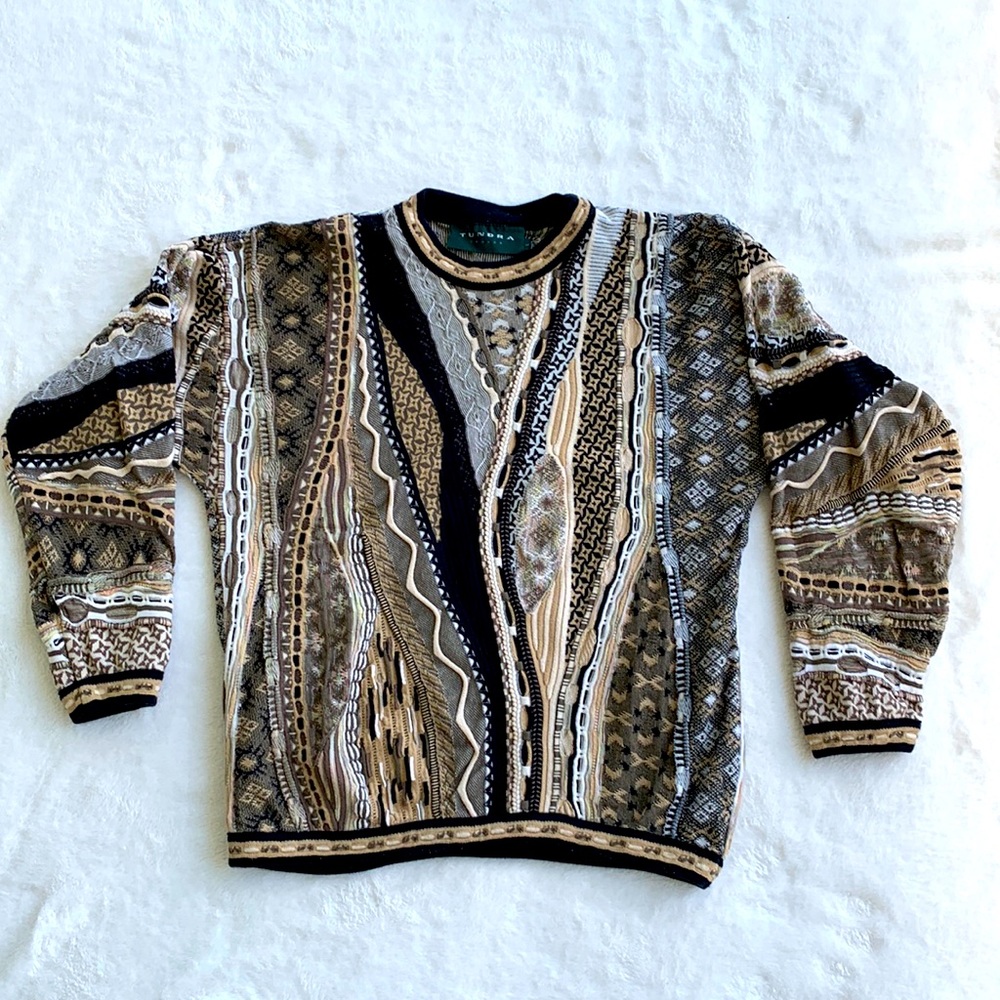 Retro Men's sweater - Black, tan, cream. Size L, Made in Canada.